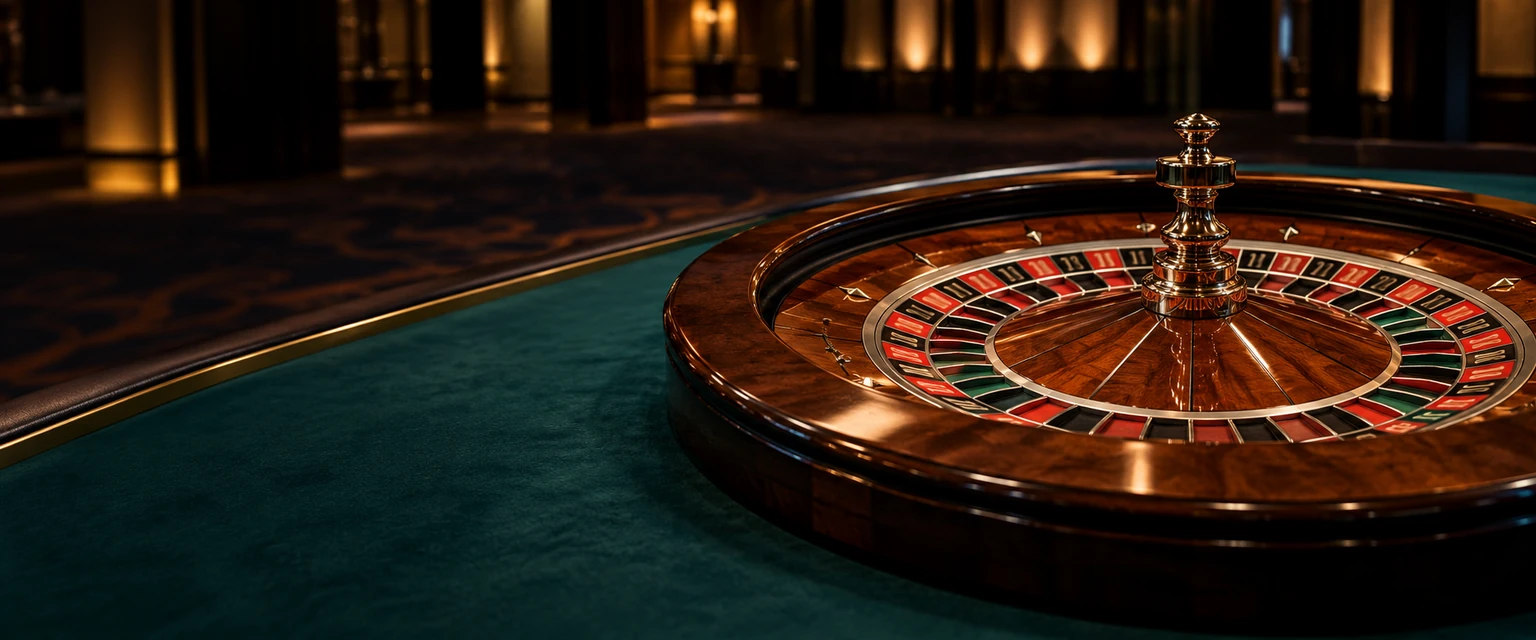 Ruleta de madera sobre una mesa de paño verde
